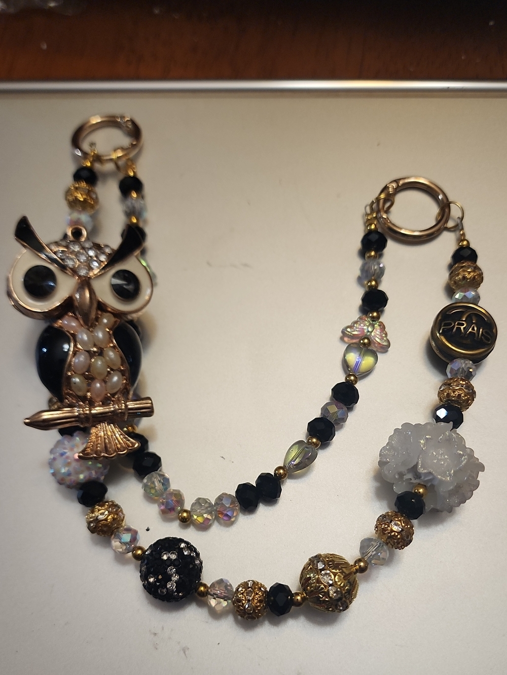 Gold-Tone Owl Pendant Beaded Purse Charm - Black & Gold